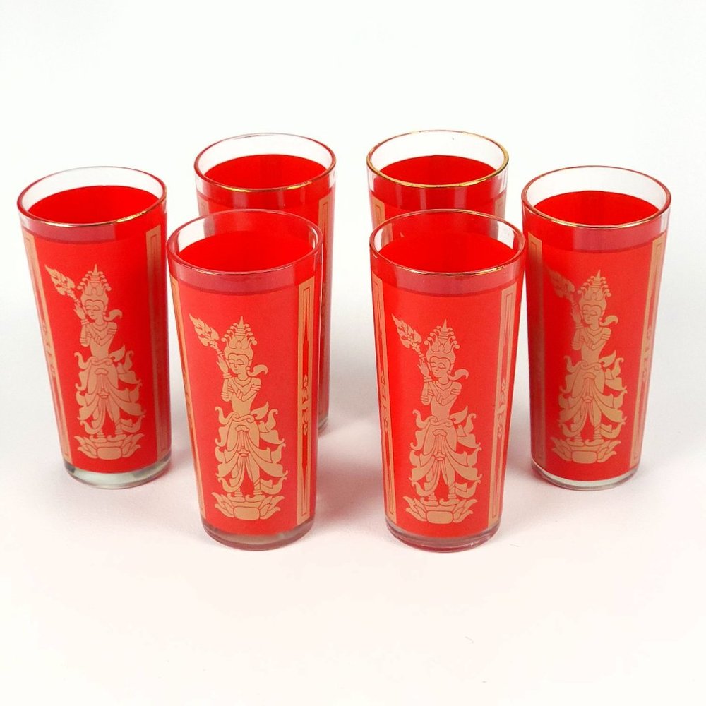 Vintage Mid-Century Modern‎ Asian Thai Mandalay Red Highball Glasses Culv…